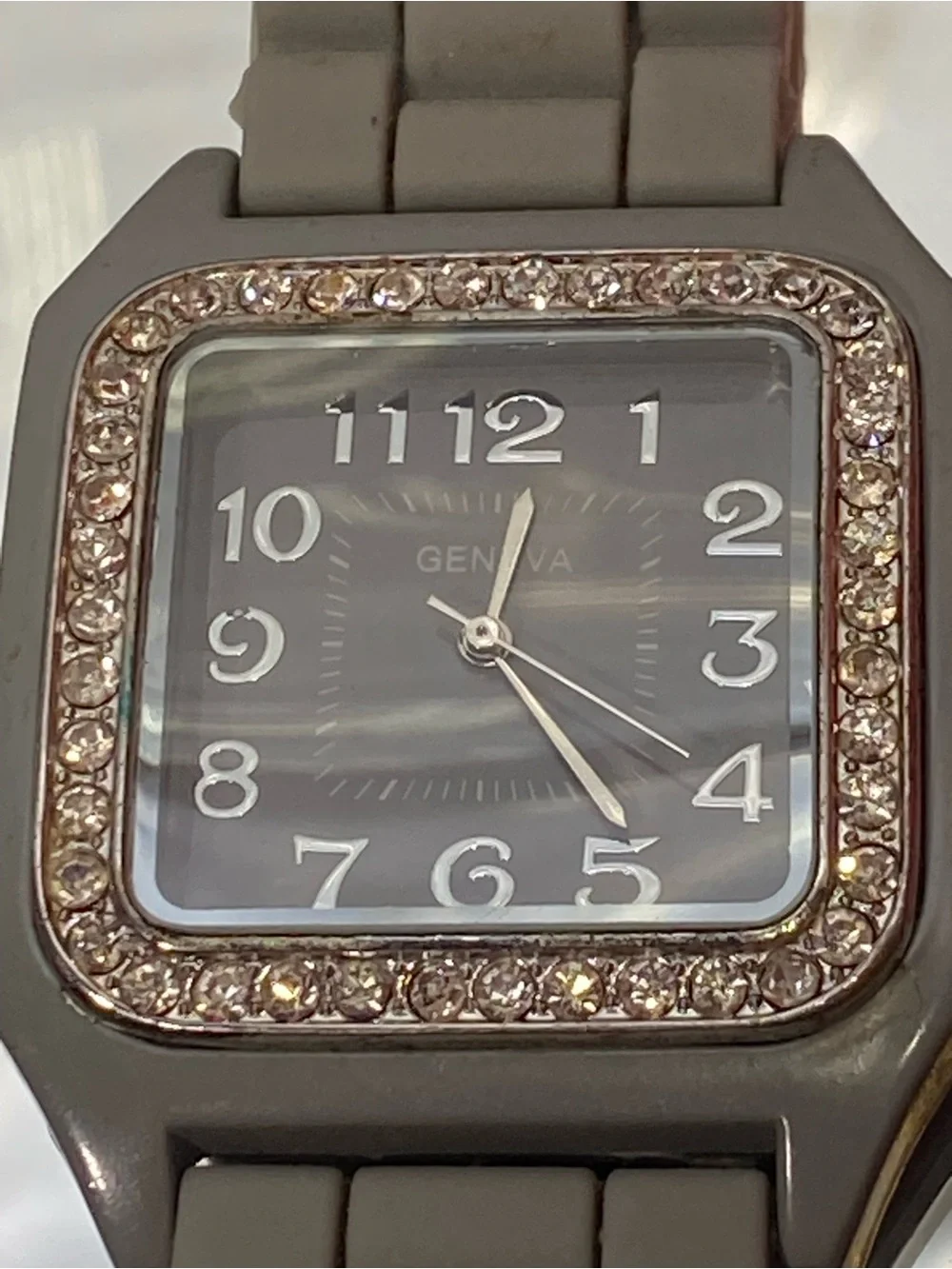 Geneva Gray Silicone Strap Watch with Crystal-Trim Square Dial